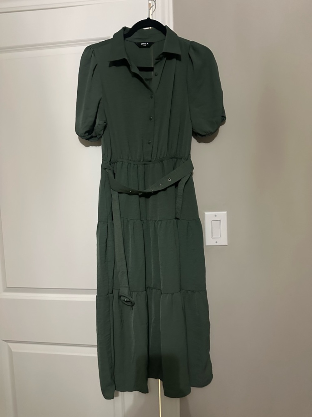 Olive Green Button-Front Tiered Maxi Dress